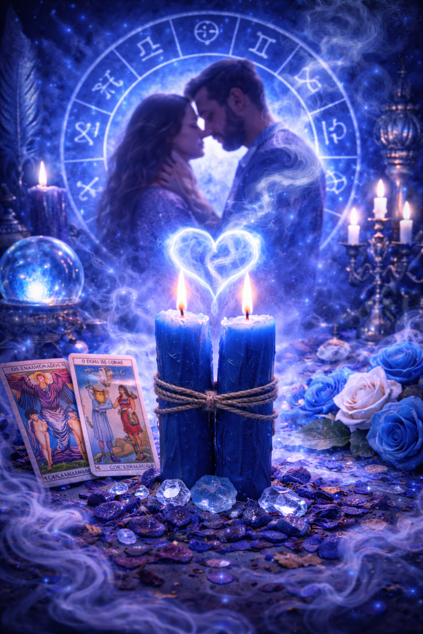 Imagem mística com velas azuis e casal