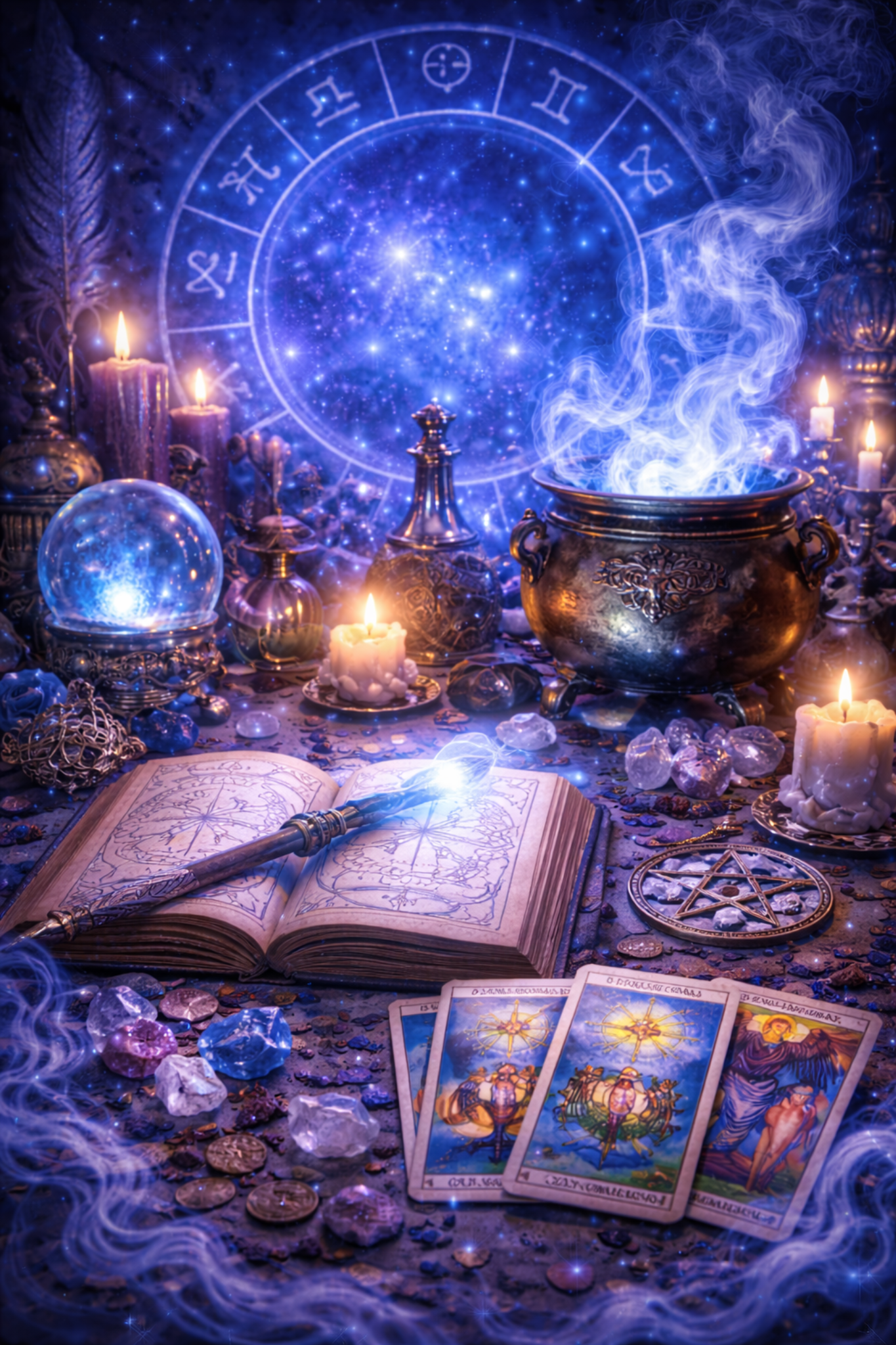 Imagem mística com altar espiritual e cartas